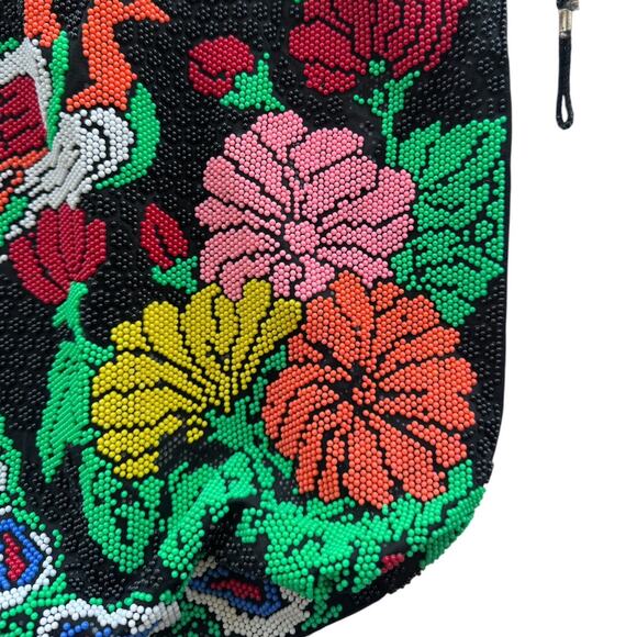 Vintage Beaded Peacock Floral Drawstring Handbag Bag Circa 1960s - Picture 3 of 6